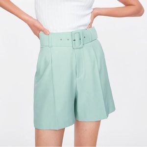 Zara High Waisted Mint Belted Shorts